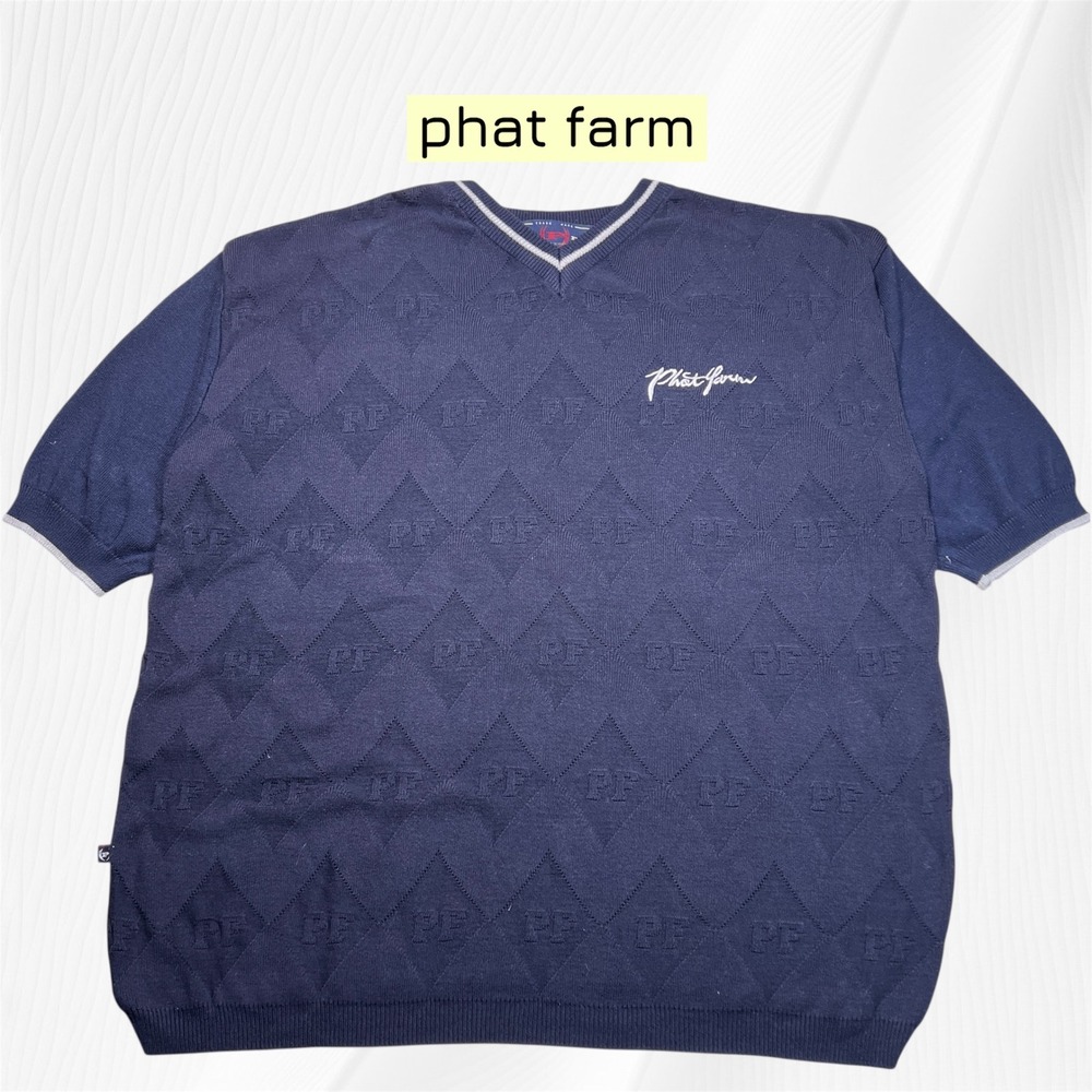 Phat Farm NY Mens XL Short Sleeve V Neck Knit Pullover Sweater Diamond Pattern